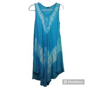 Antiqua Woven Tie Dye Dress with Embroidery Turquoise Vacation Size M